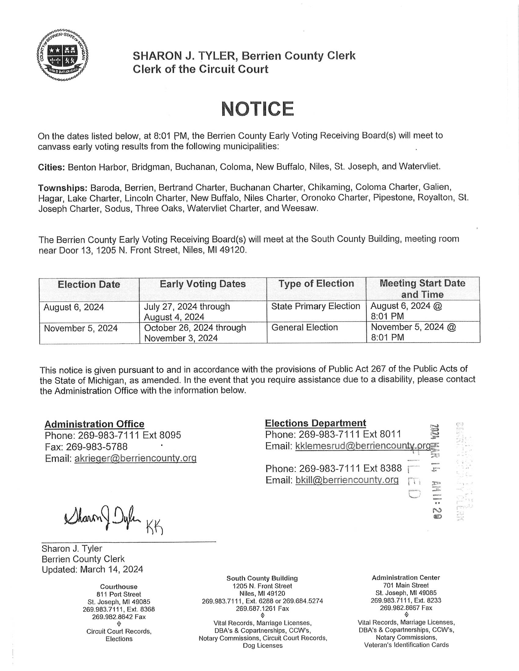 Notice Regarding Early Voting Tabulation Buchanan Michigan