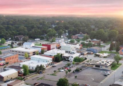 Aerial of downtown Buchanan at sunset