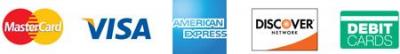Logos of Mastercard, Visa, American Express, and Discover 