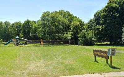 City park with brown Sign that says Ravish Park, a grassy field and play equipment in the background