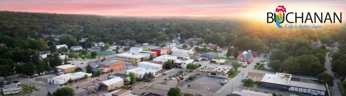 Aerial of downtown Buchanan at sunset