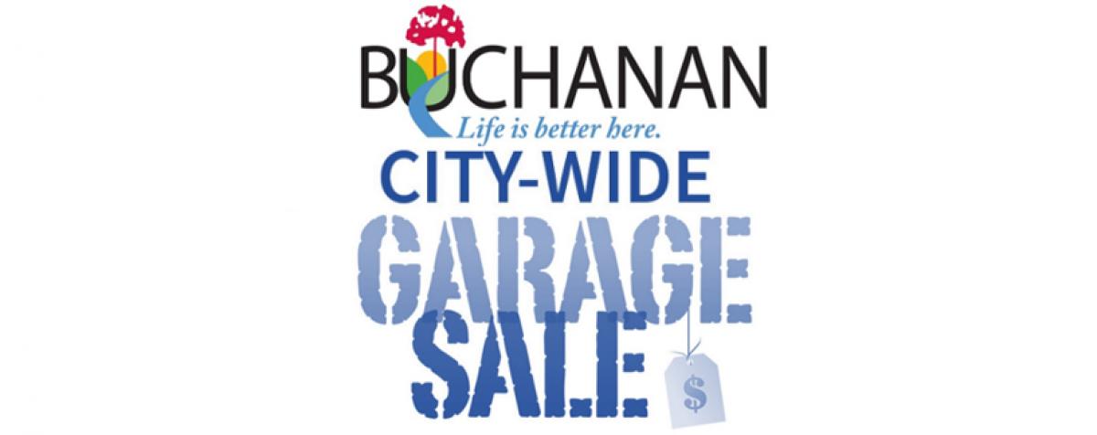 Blue and white text that reads city wide garage sale