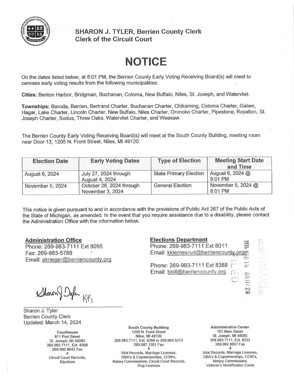 Notice Regarding Early Voting Tabulation Buchanan Michigan